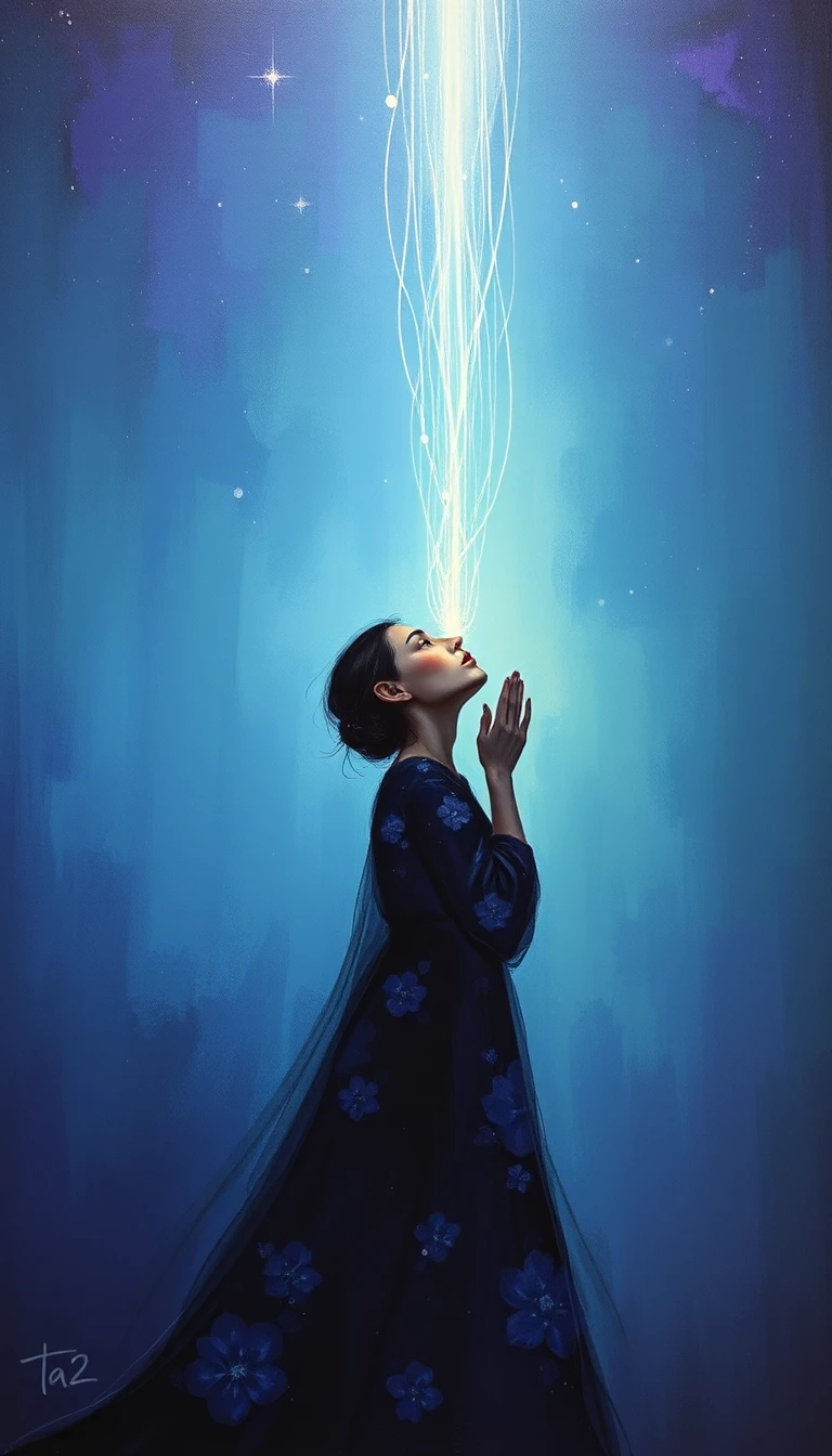 Woman in prayer bathed in subtle cosmic light