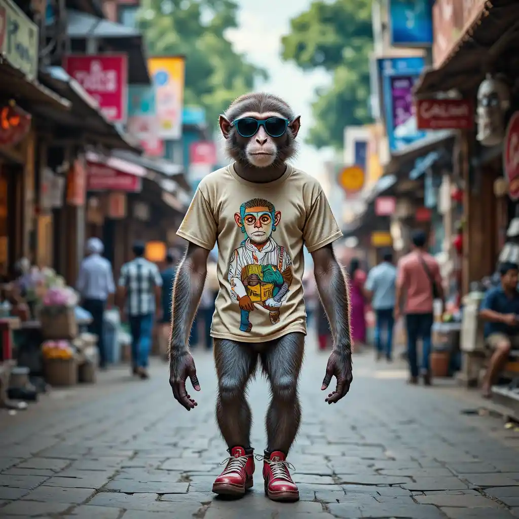 Stylish monkey walking upright through busy Indian market