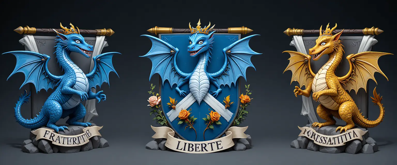 Heraldic coat of arms with dragons and liberty banner