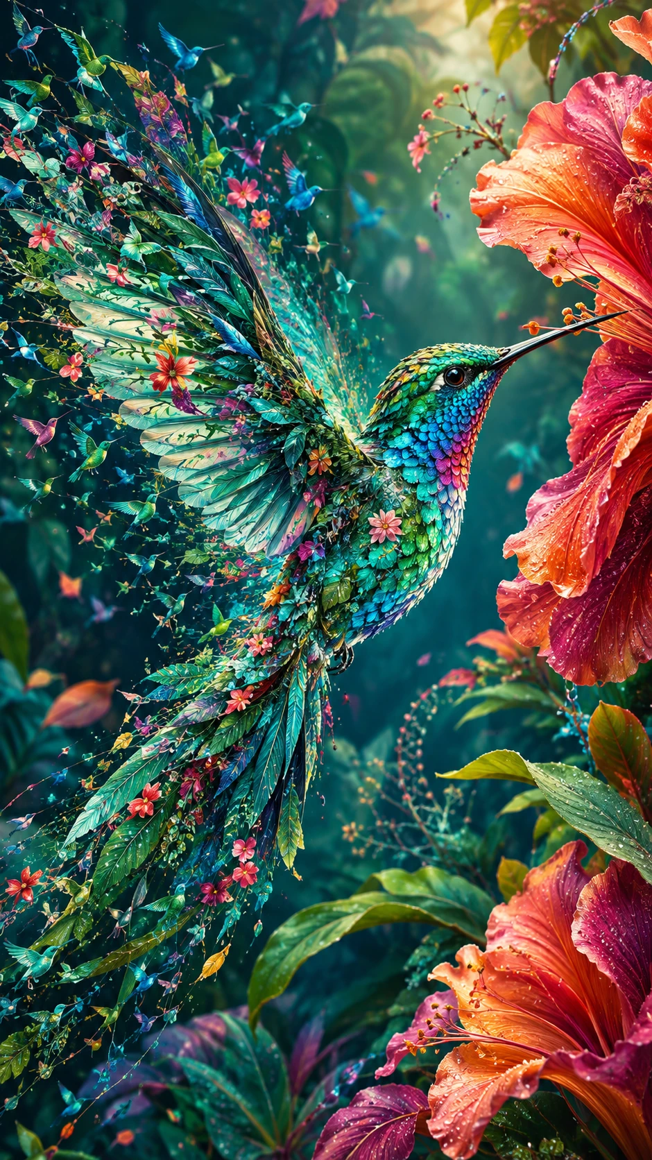 Jewel toned hummingbird hovering among giant exotic flowers