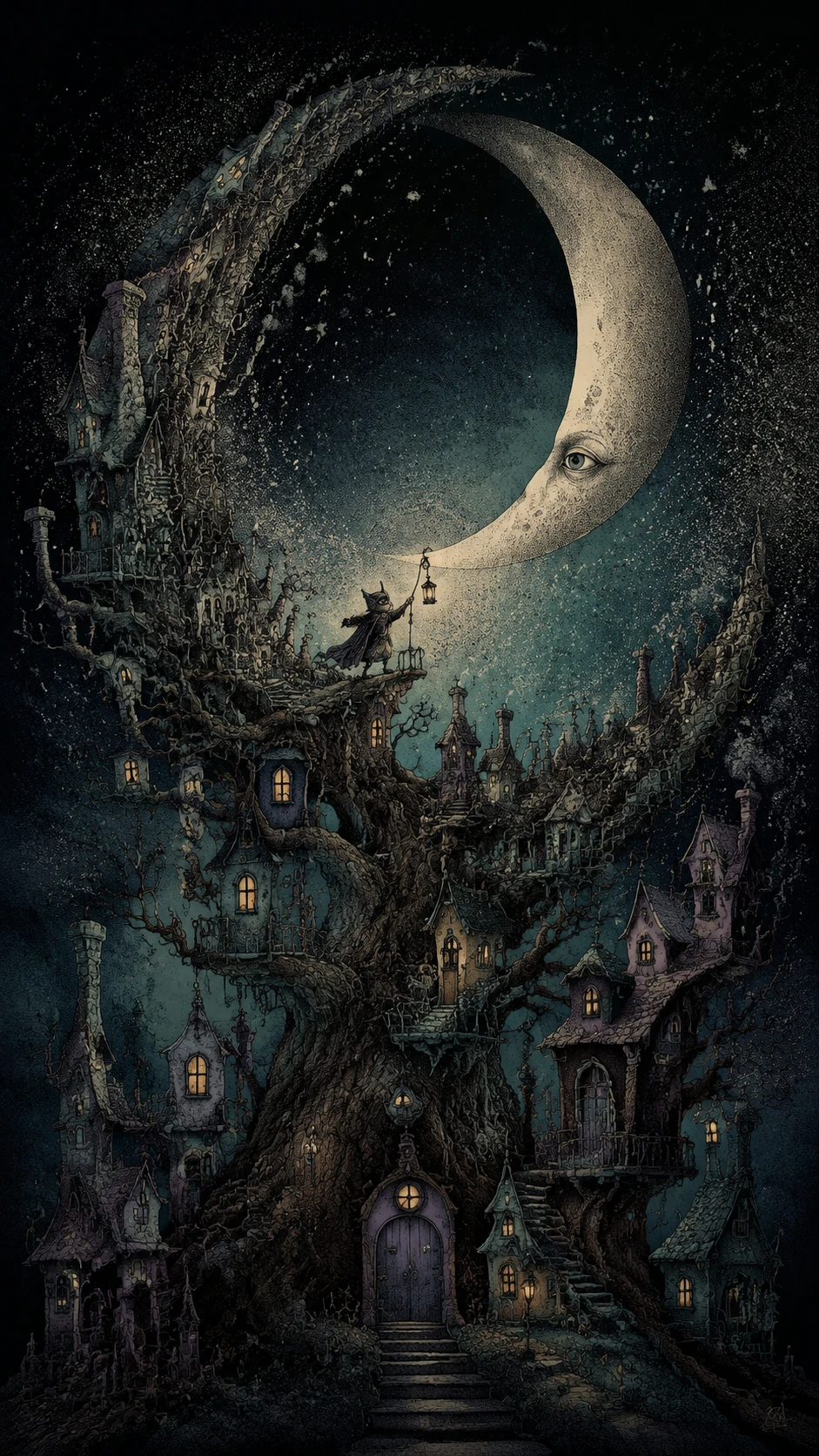 Crescent moon watching over a crooked midnight village