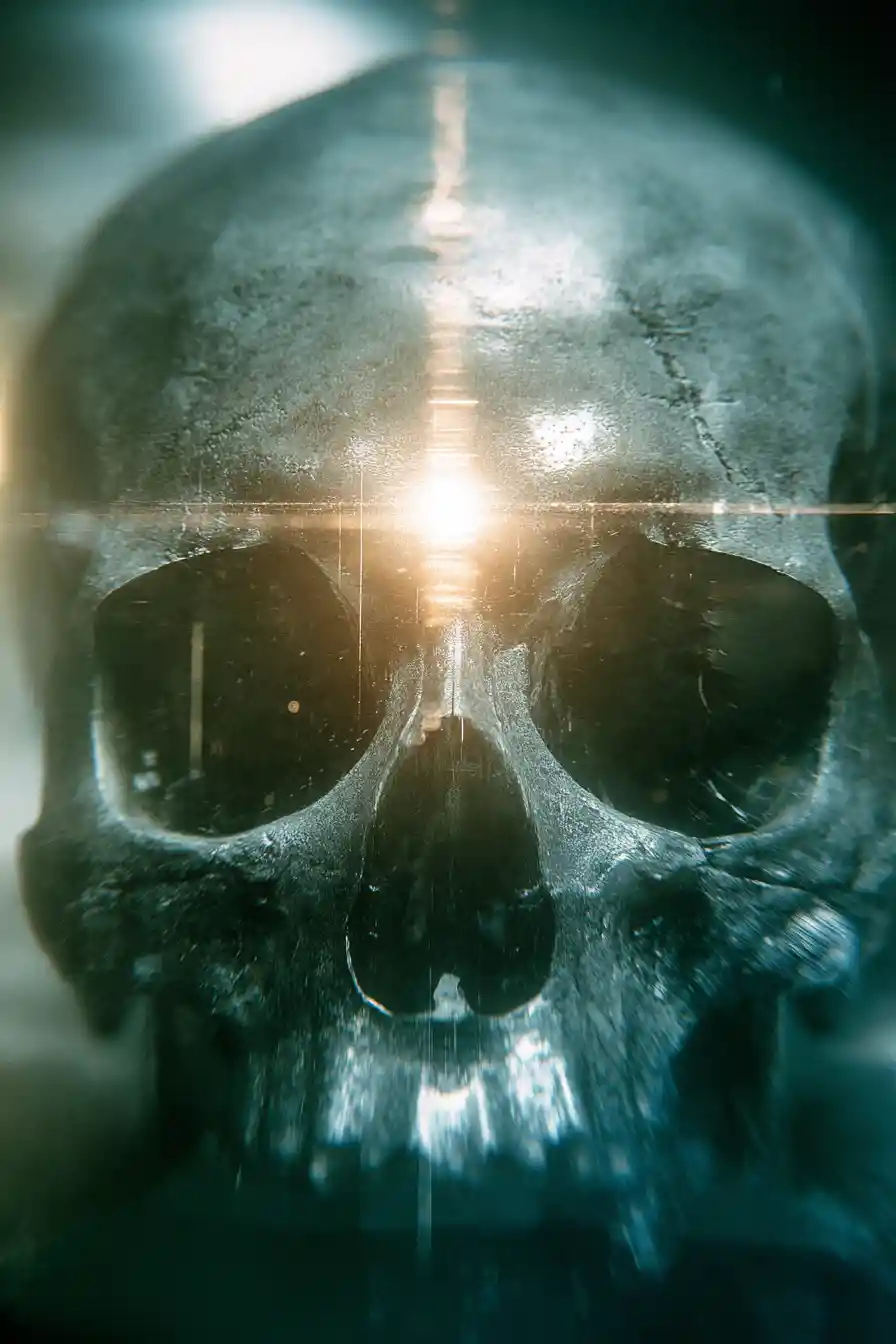 Radiant light bursting from a concrete encased skull