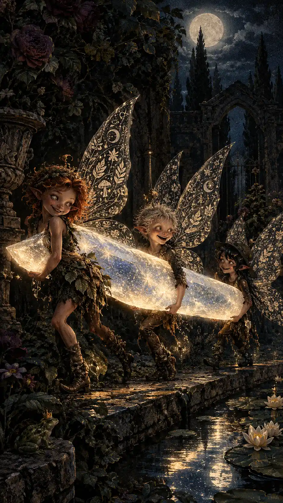 Tiny fairies sneak through a moonlit garden with glowing jewel