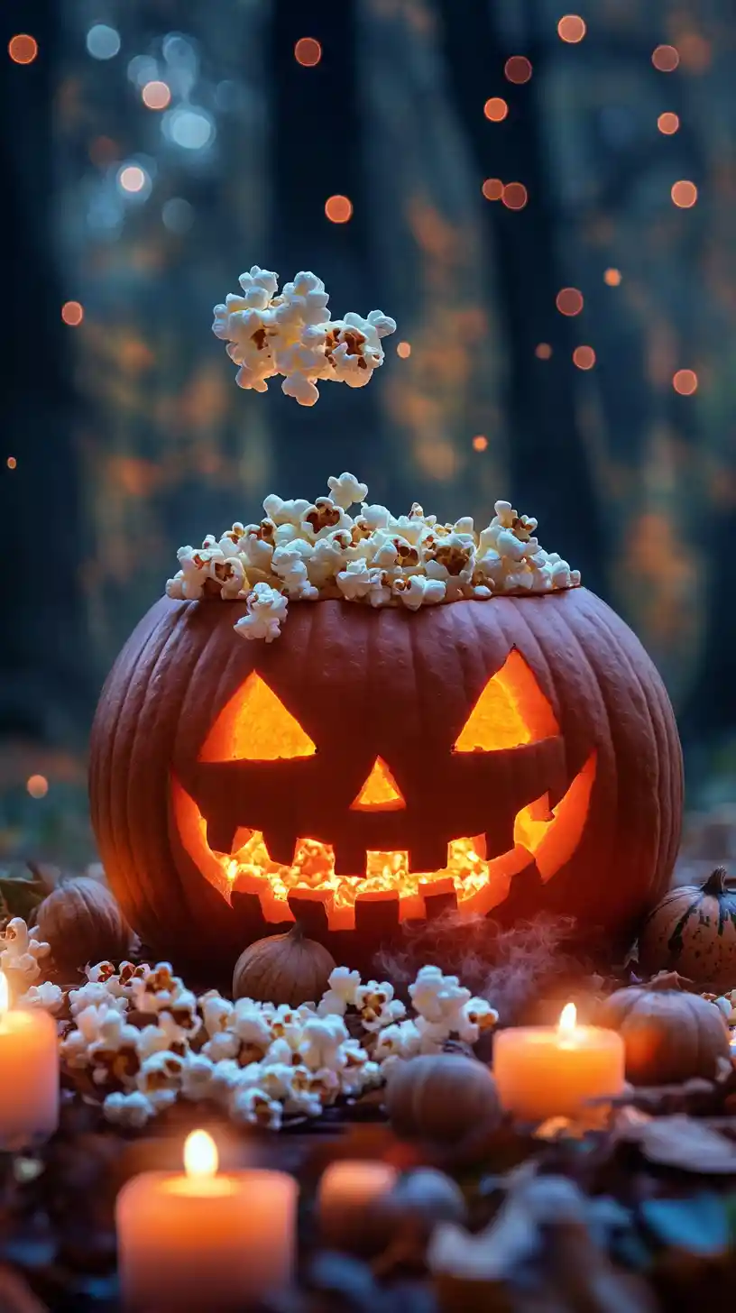 Citrouille amusante recrachant du pop-corn dans une forêt éclairée aux bougies