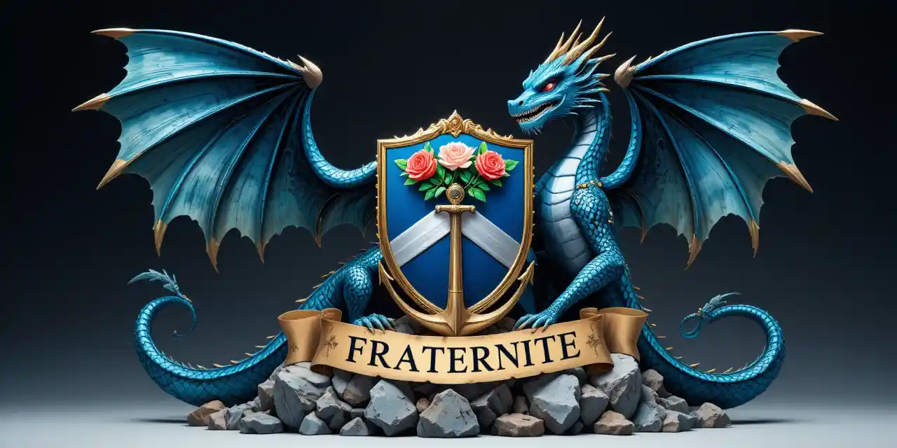 Majestätischer blauer heraldischer Drache mit kunstvoll verziertem azurblauem Schild