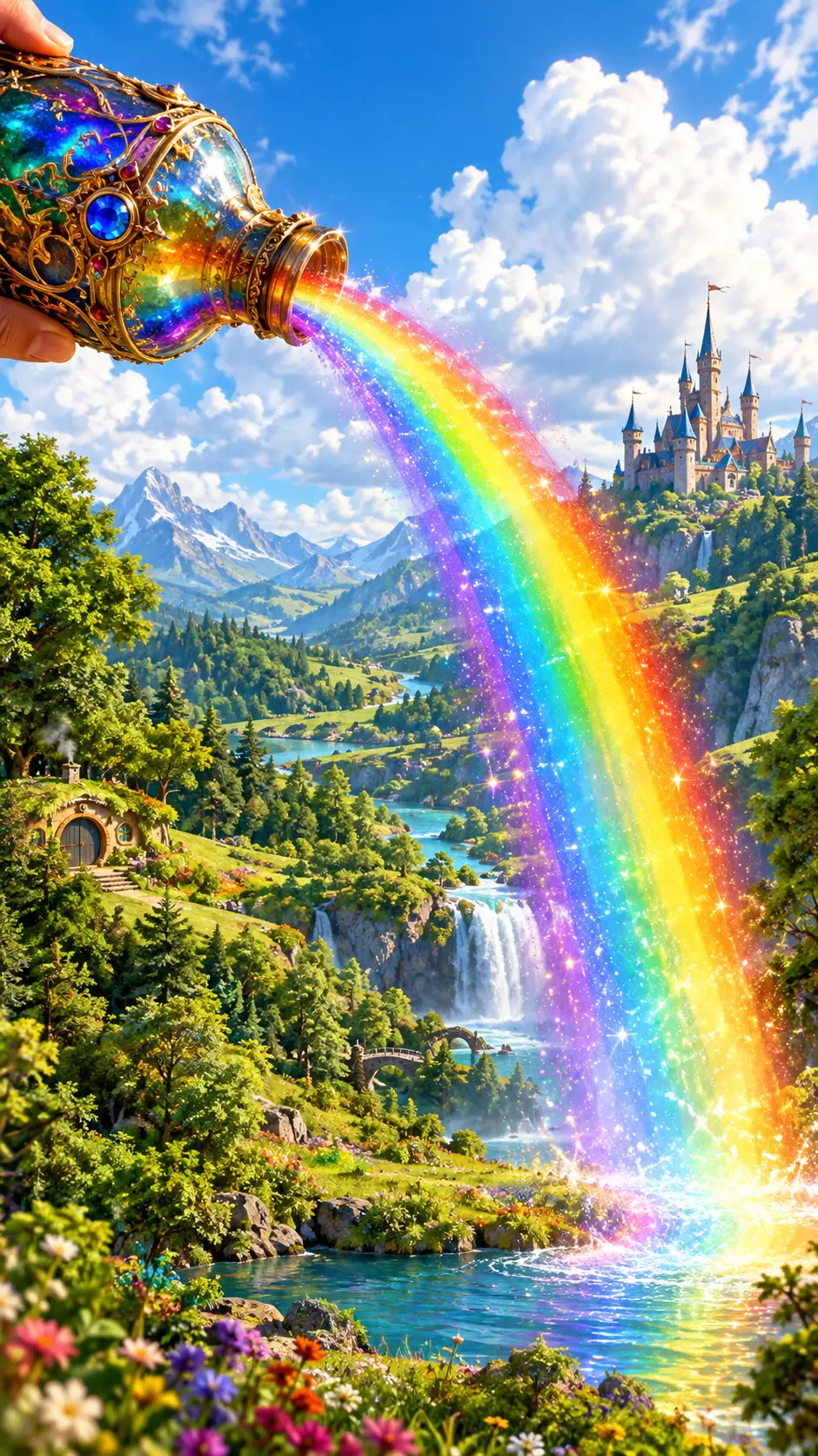 Regenbogenmagie, die aus einer Flasche über eine Fantasielandschaft fließt
