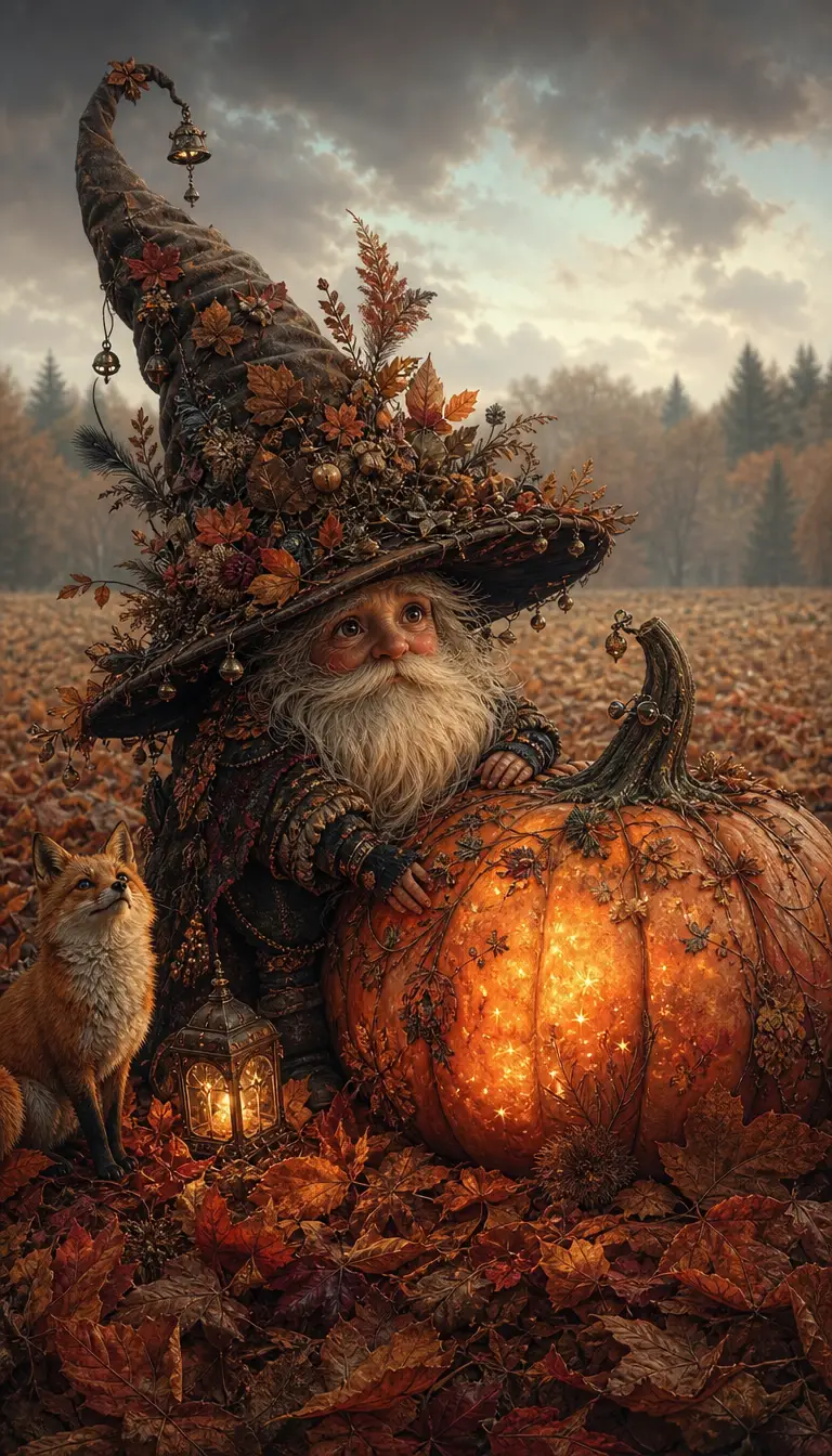 Tiny autumn guardian beside a glowing pumpkin in field