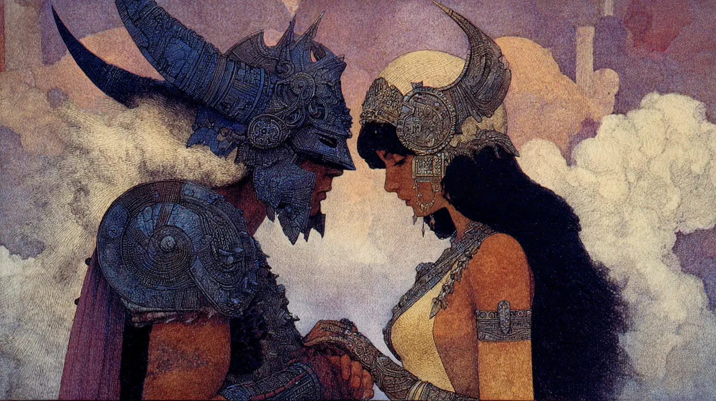 Warrior princess and dark lord in epic low angle duel