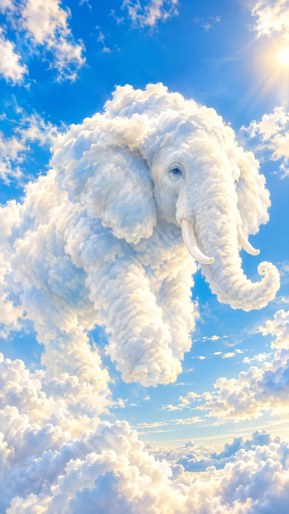 Cloudy white elephant floating gently in bright blue sky