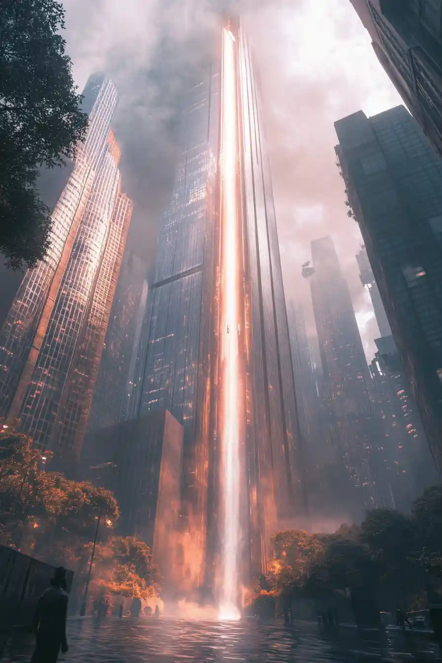 Futuristischer Wolkenkratzer mit leuchtender Spitze und herabstürzendem Wasserfall