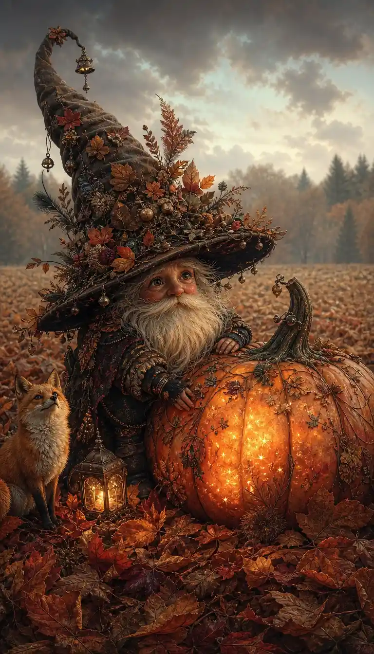 Tiny autumn guardian beside a glowing pumpkin in field