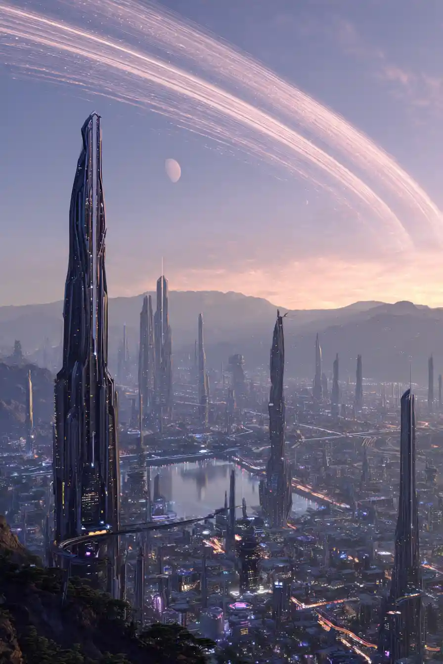 Ville extraterrestre futuriste aux structures géantes au crépuscule