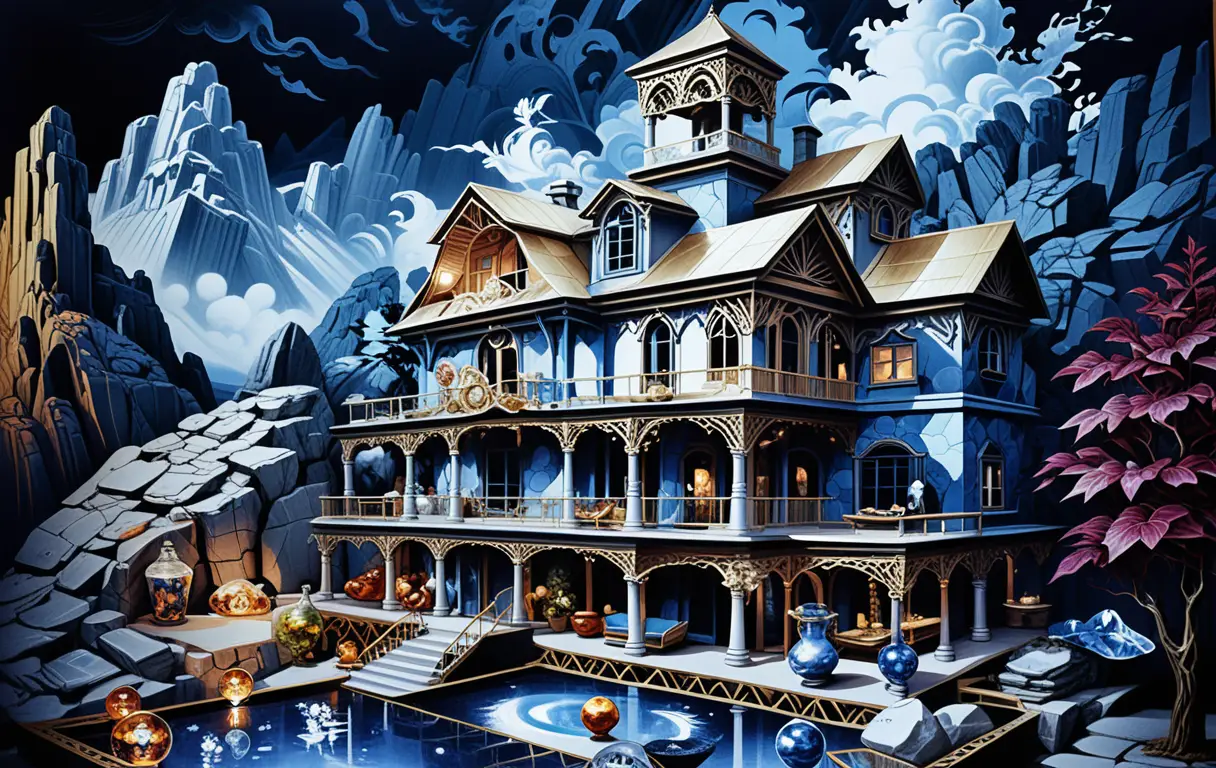 Isometrisches 3D-Bergchalet-Diorama mit rustikal-luxuriösem Interieur