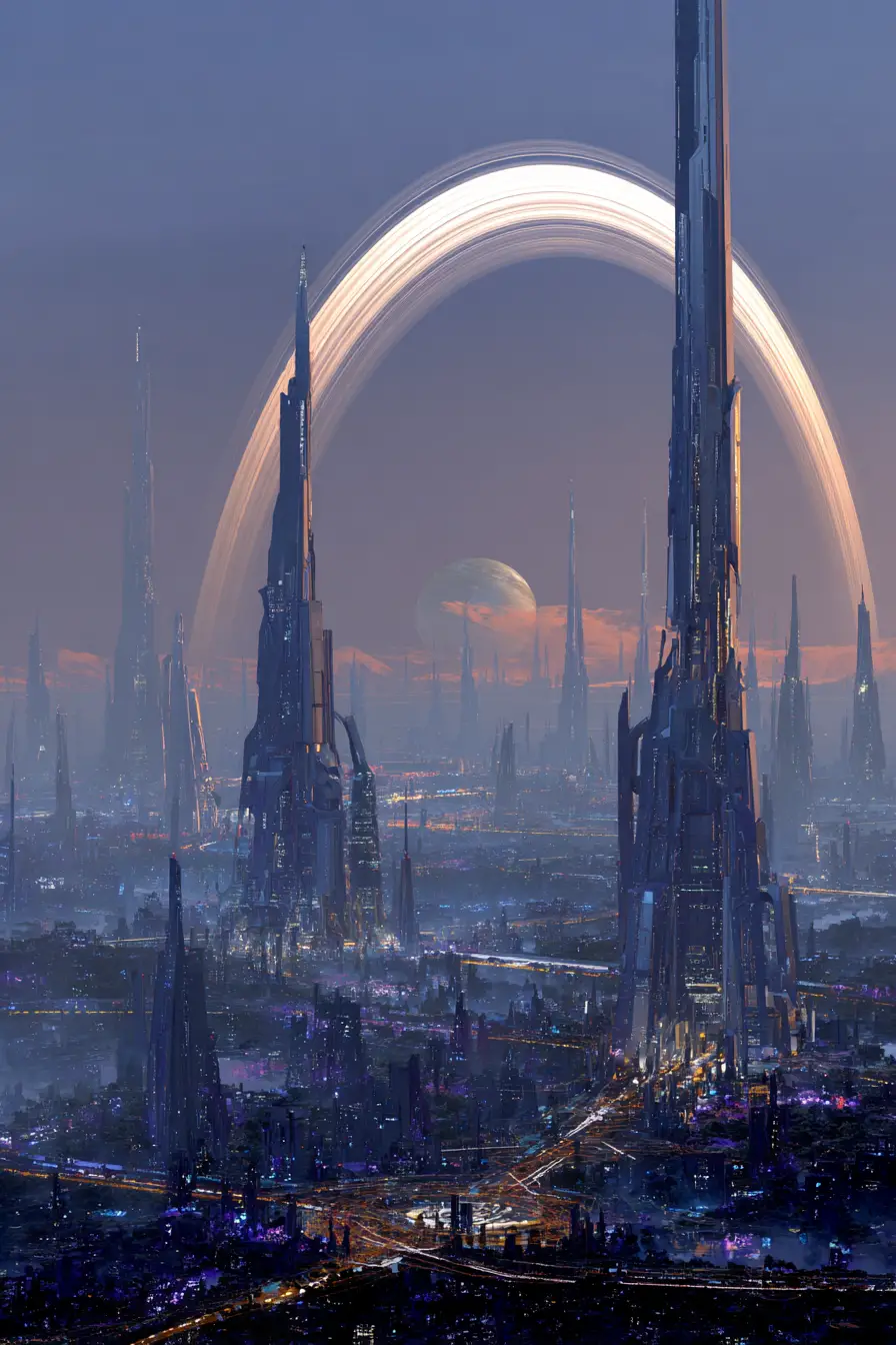 Futuristic alien city with towering megastructures at dusk