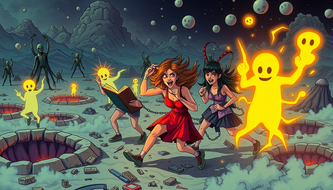 Surreal comic trio in a darkly humorous fantasy landscape