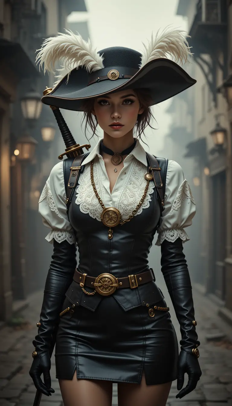 Young musketeer woman in steampunk leather on misty street