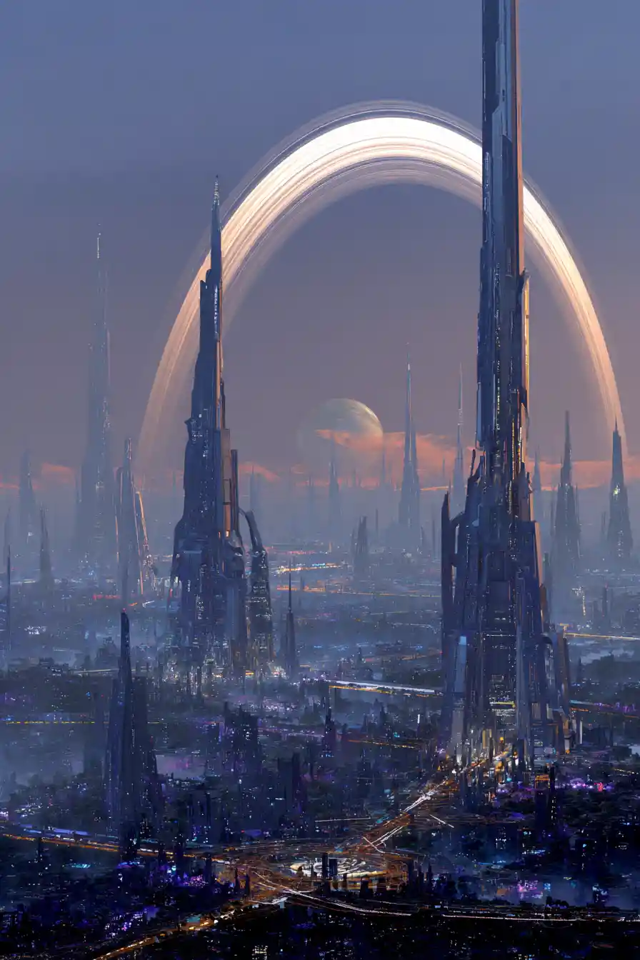Futuristic alien city with towering megastructures at dusk