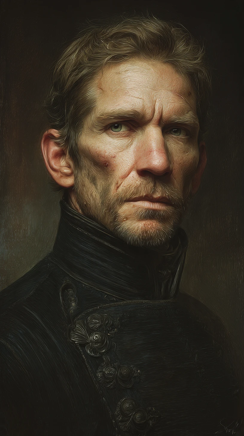 Scarred military man with green eyes in fantasy portrait