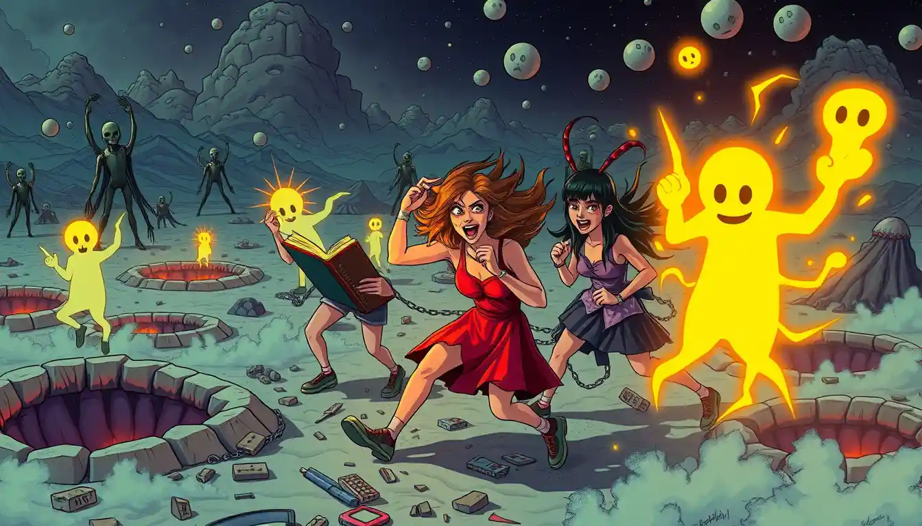 Surreal comic trio in a darkly humorous fantasy landscape