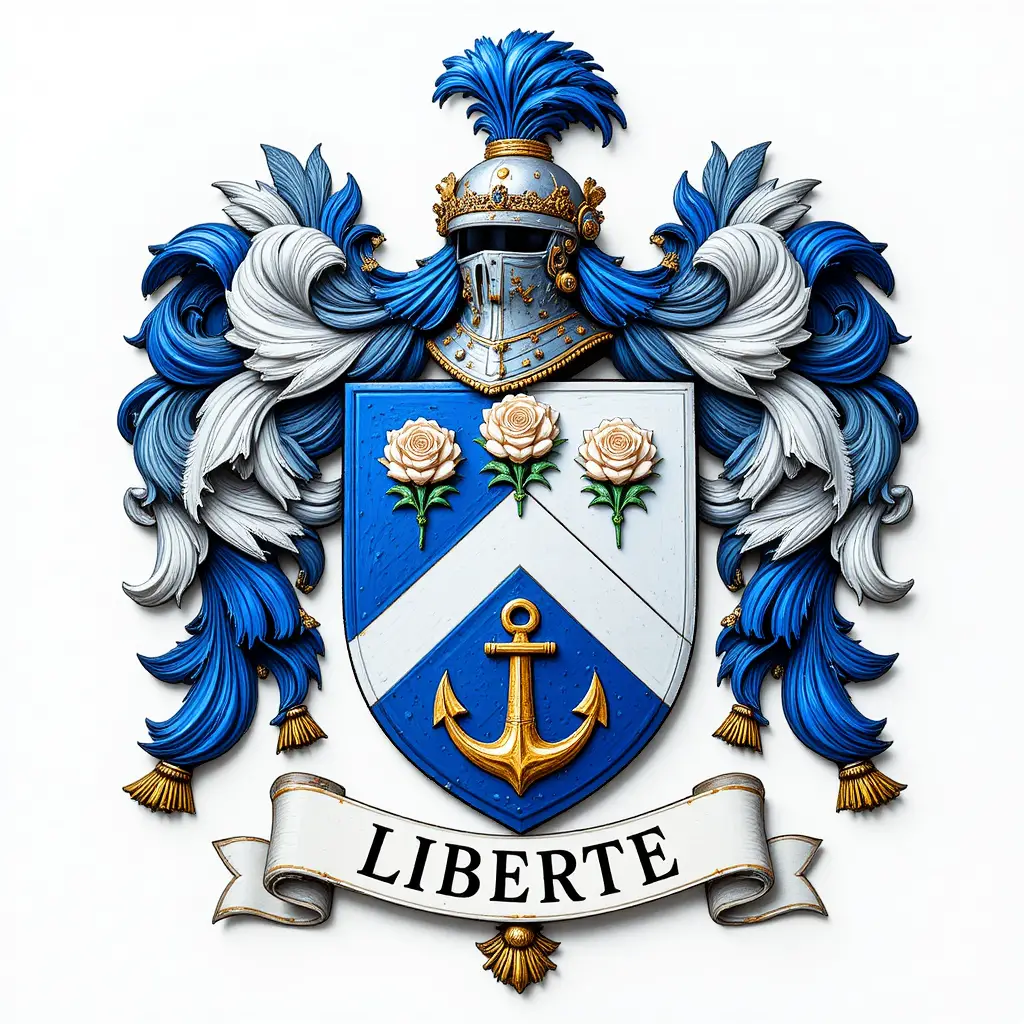 Heraldic coat of arms with silver helmet and blue chevron shield