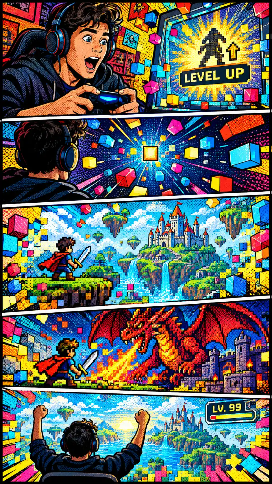 Retro gamer leveling up in explosive comic panels