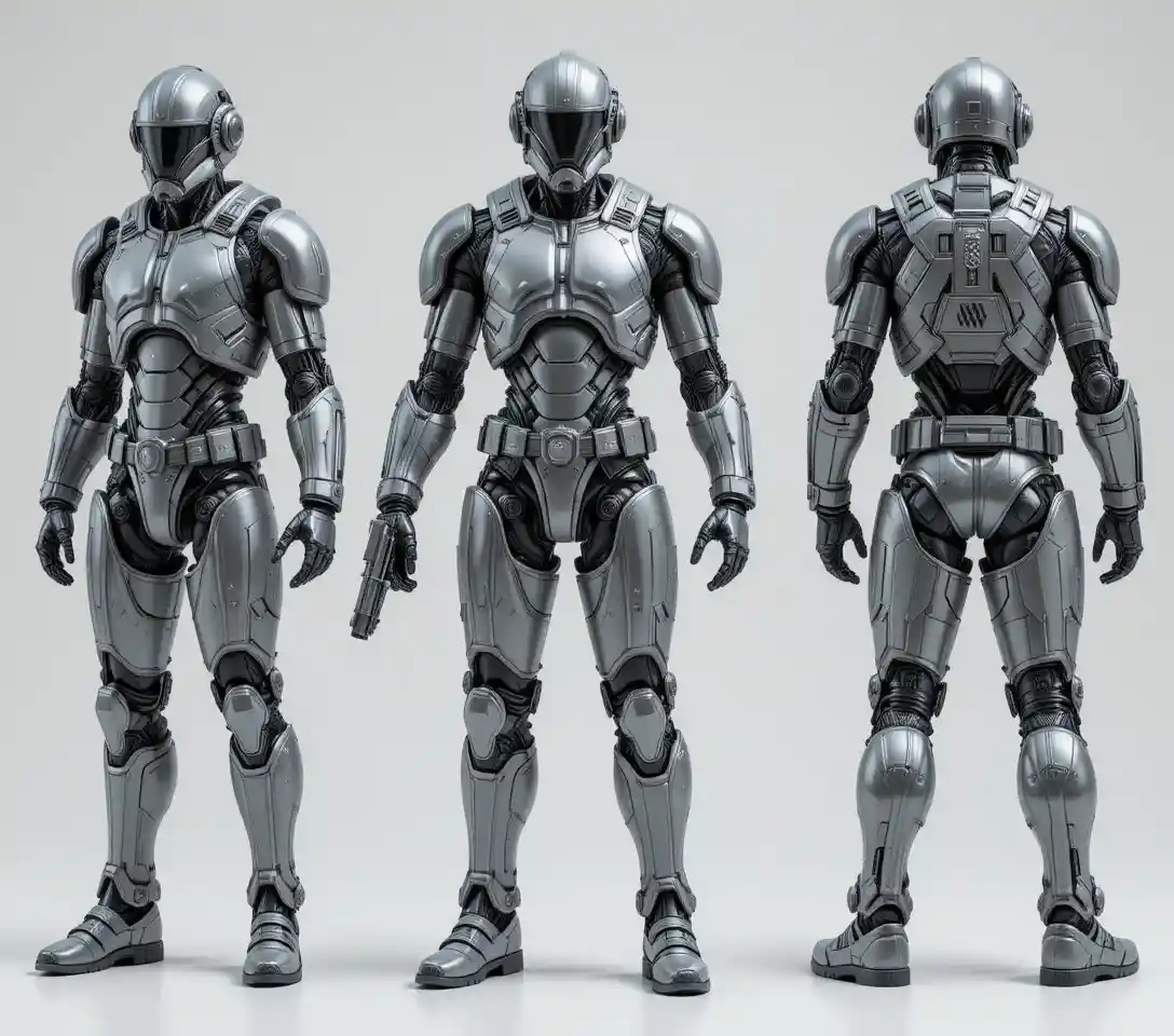 Robot maschile sci‑fi corazzato con blaster pesante a figura intera