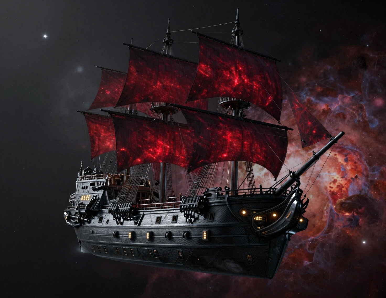 Dark spacecraft galleon drifting before a exploding nebula