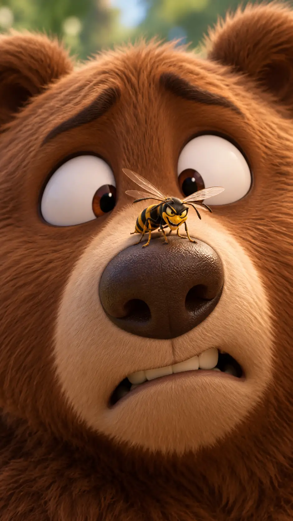 Adorable ours en gros plan avec une méchante guêpe sur le nez