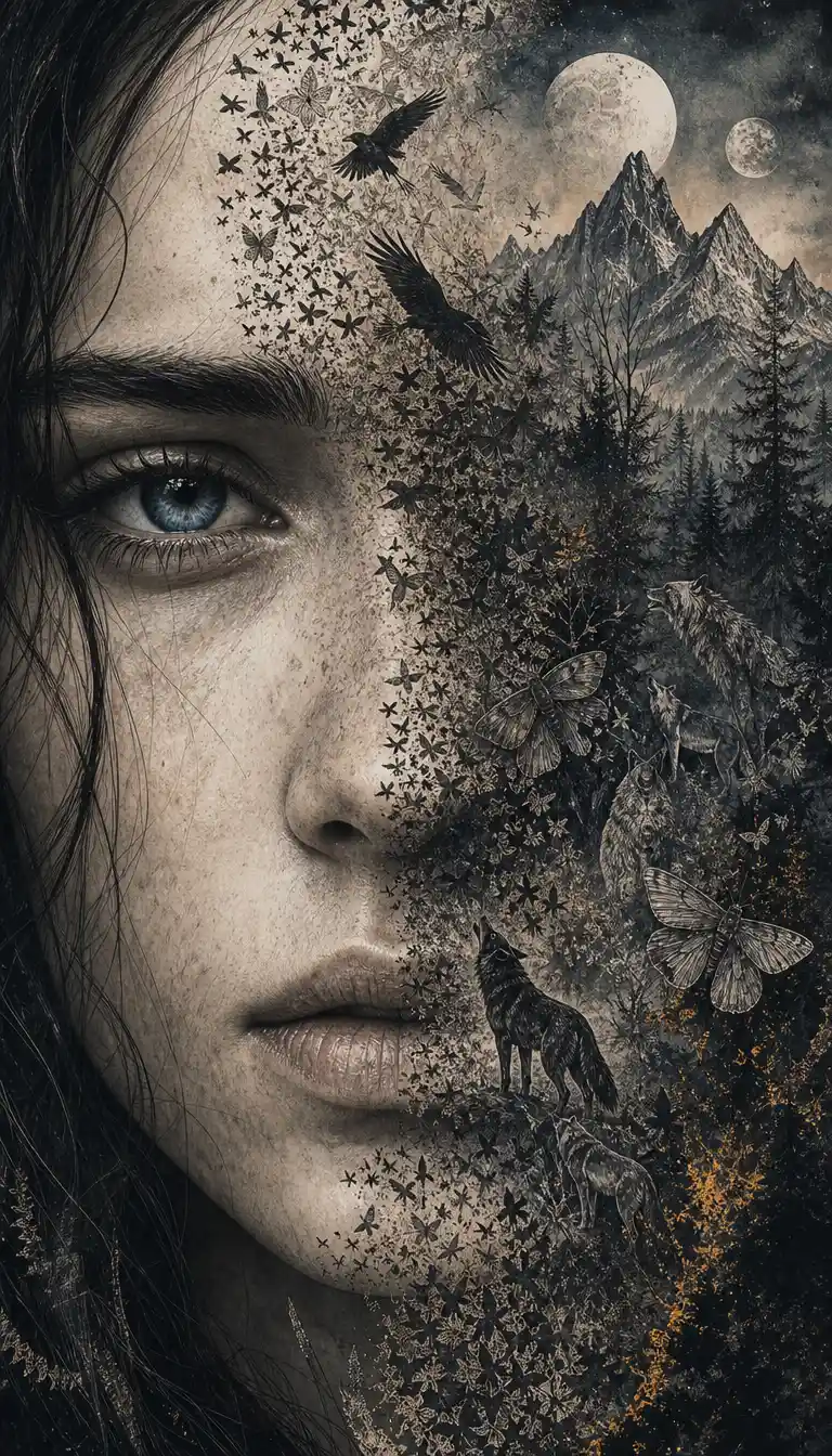 Retrato de mujer fusionado con un paisaje animal surrealista