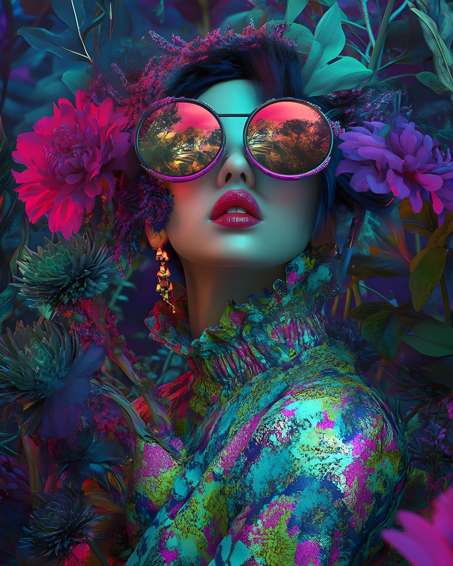 Cyberpunk woman in a dreamy surreal neon landscape
