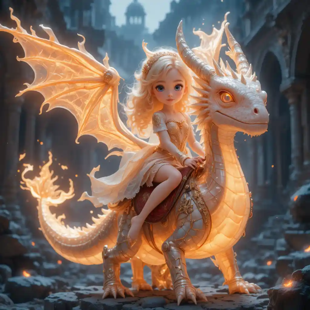 Anime girl riding a glowing transparent dragon in ruins