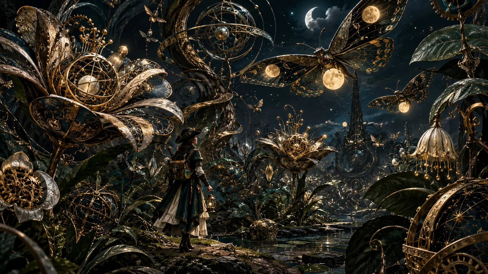 Tiny explorer in a surreal nocturnal clockwork garden