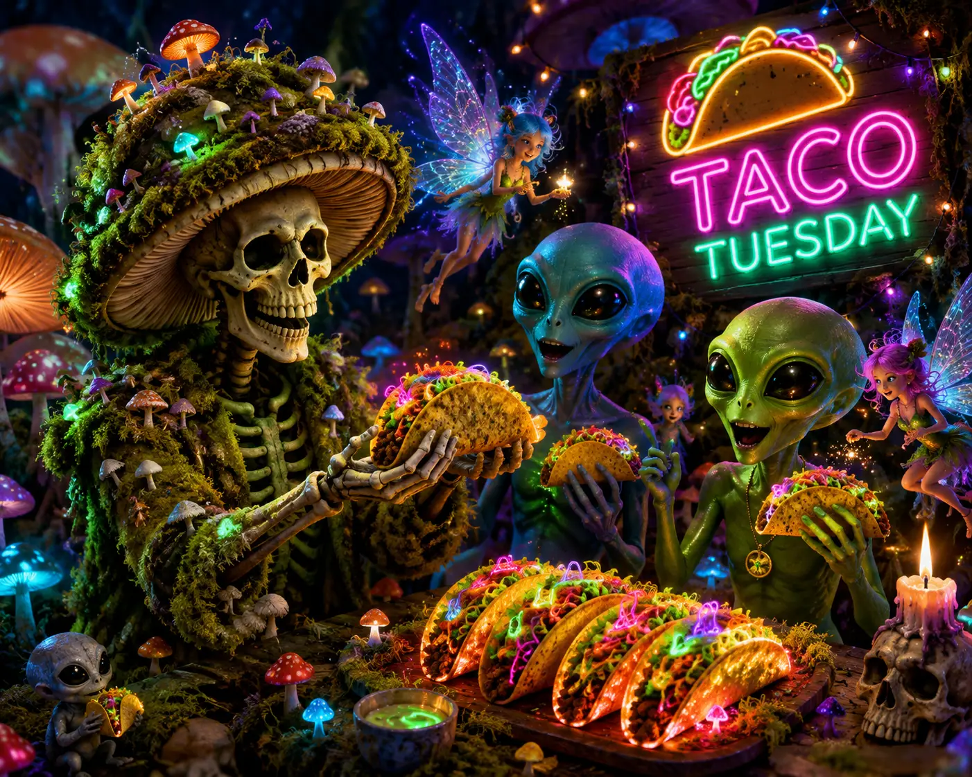 Skeleton In Moss And Mushroom Costume With Glowing Tacos