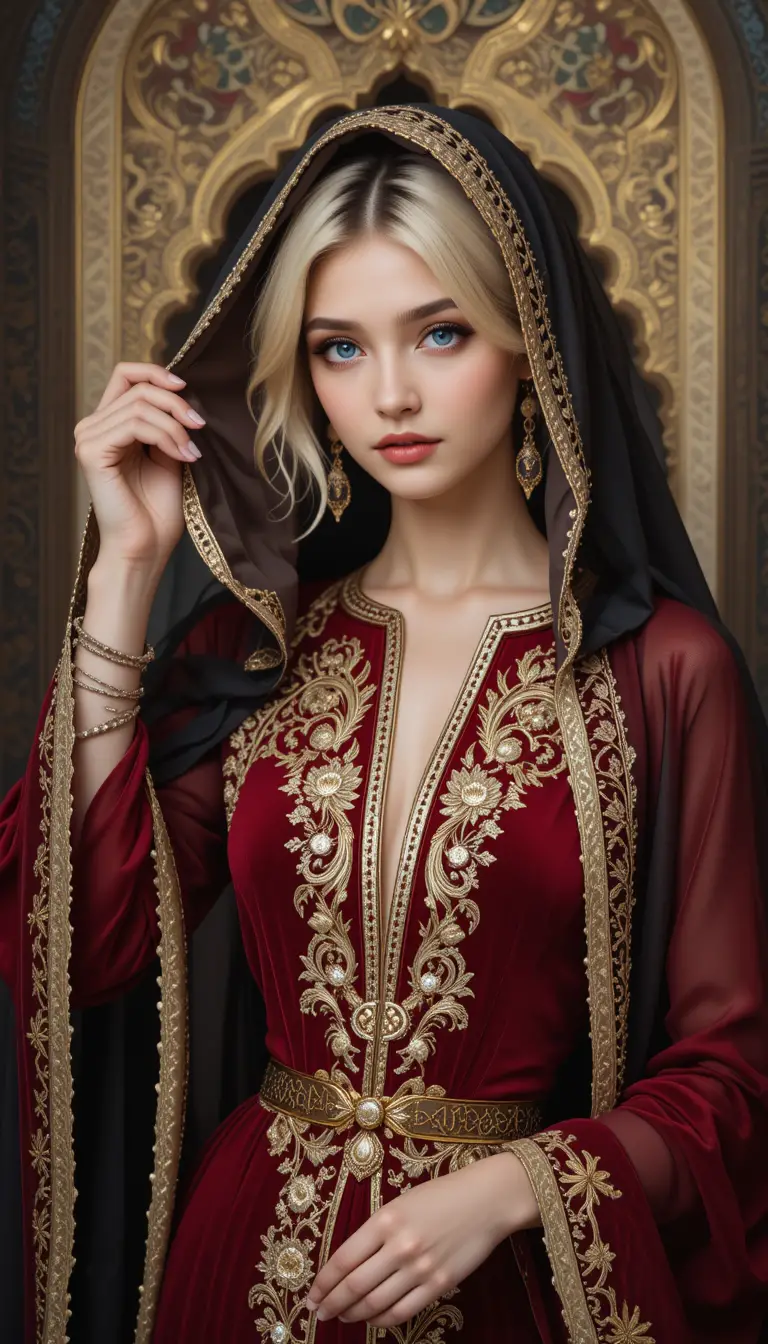 Retrato de elegante mujer argelina con caftán de terciopelo rojo