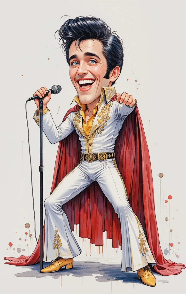 Retro cartoon singer in white suit on white stage