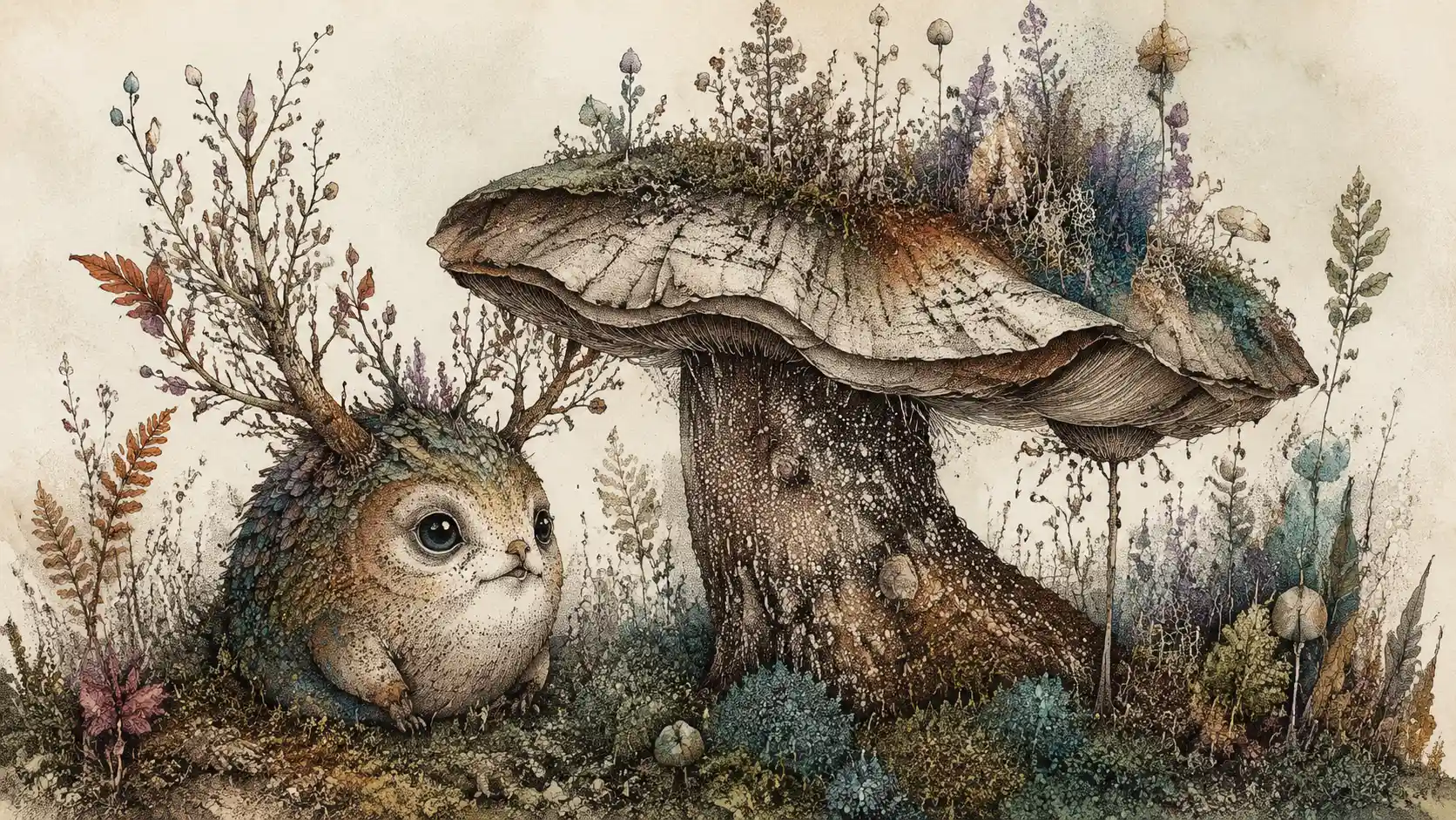 Whimsical forest creature resting beside a giant mushroom