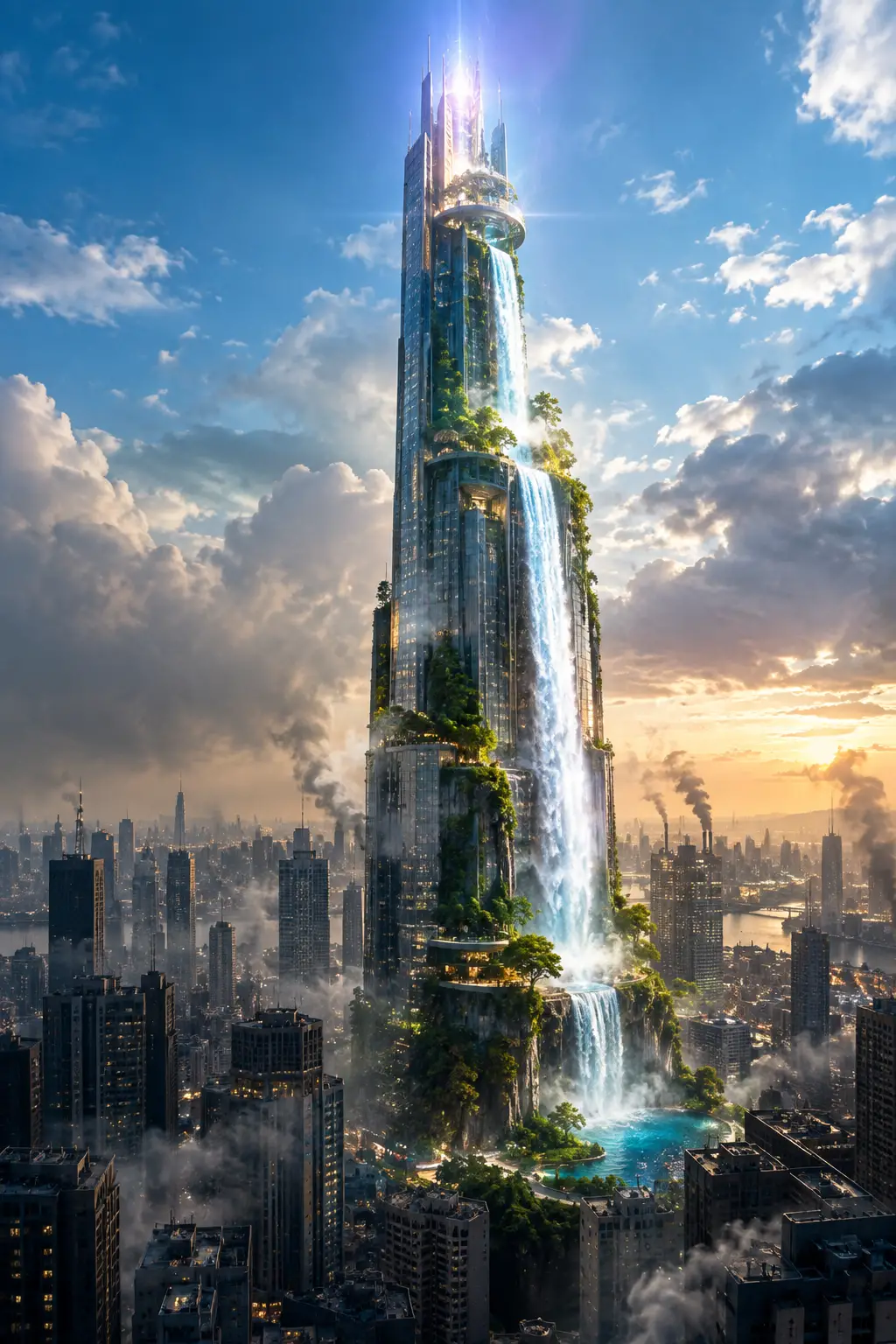 Futuristic skyscraper with glowing peak and cascading waterfall