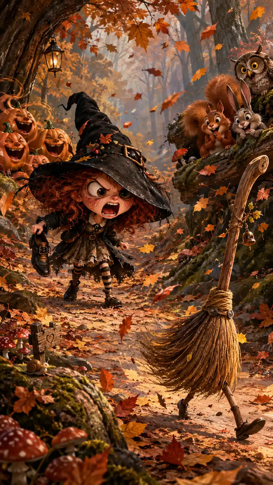 Tiny angry witch chasing her runaway enchanted broom