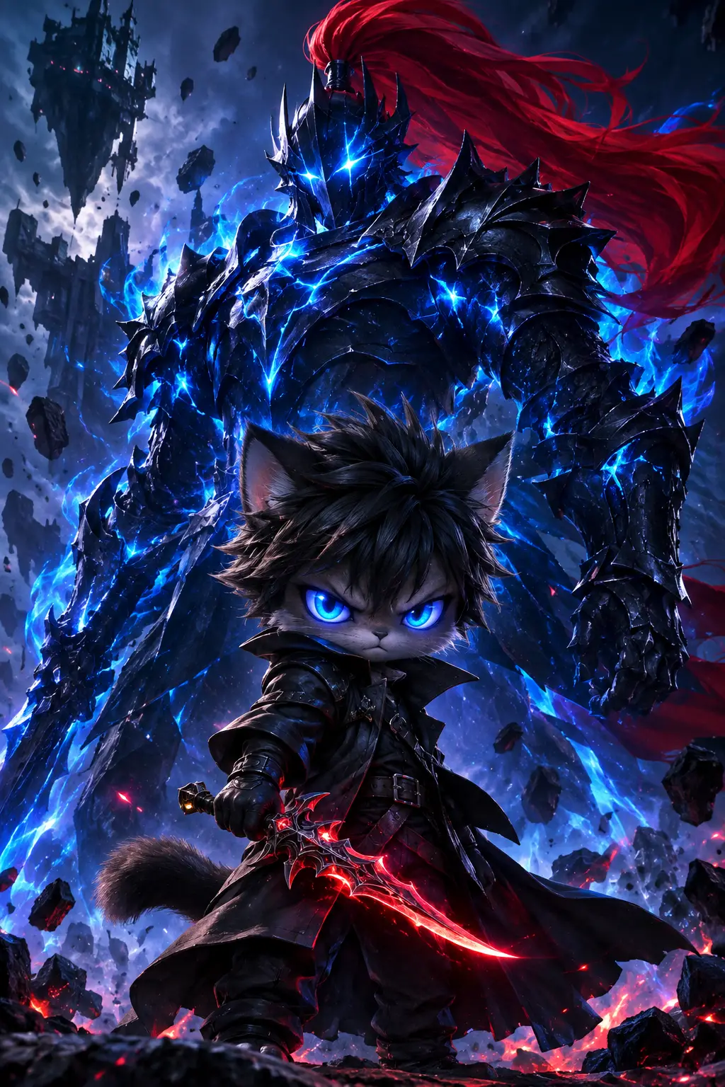 Guerrier félin chibi avec chevalier spectral gigantesque
