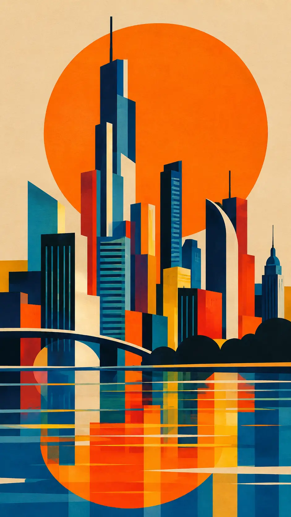 Abstrakte moderne Stadtsilhouette mit großer orangefarbener Sonne
