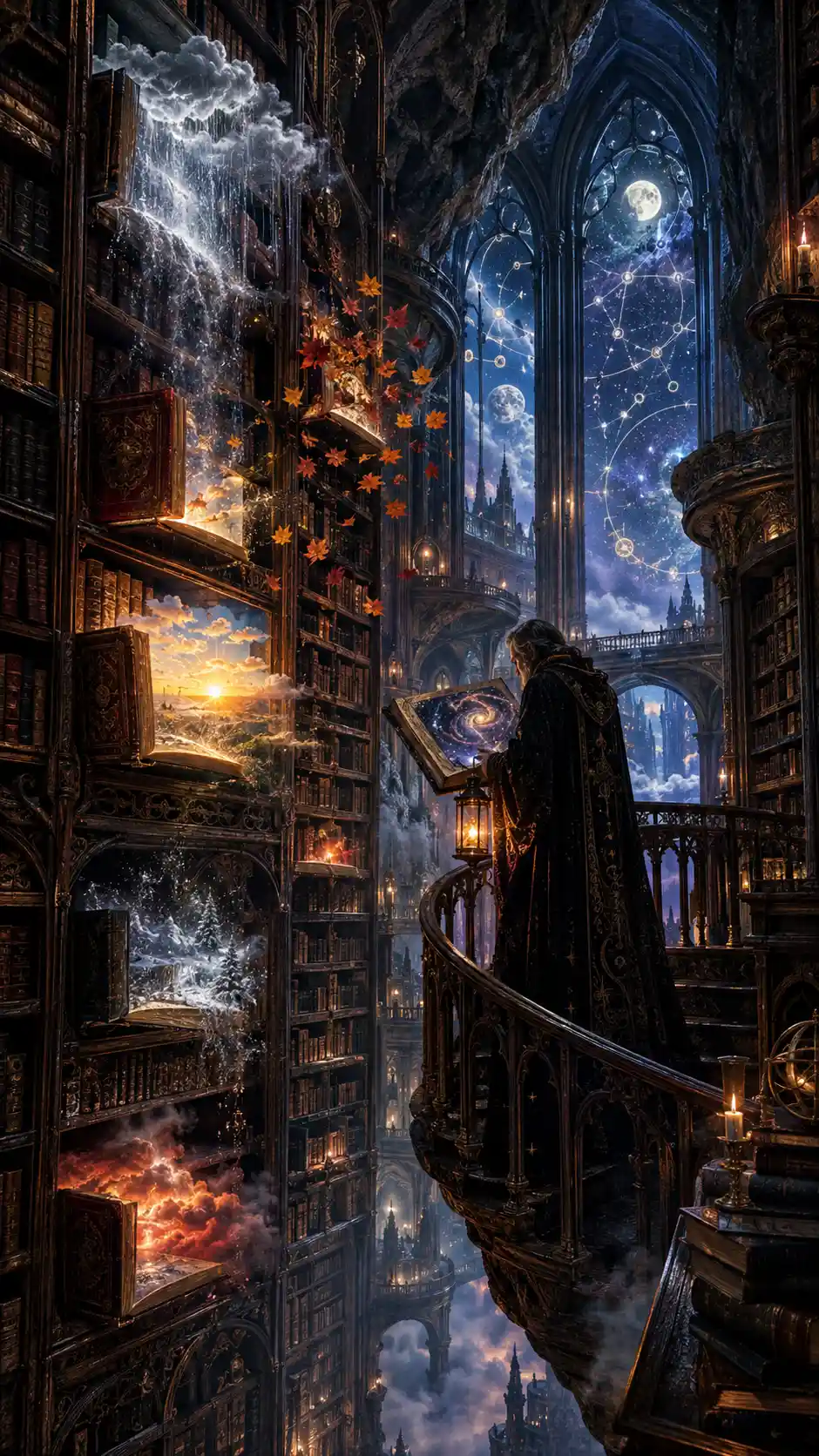 Gothic mountain library with lone robed librarian