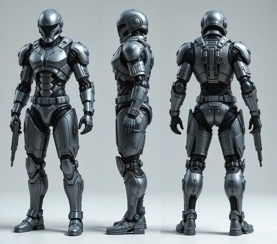 Vollkörper-Roboter in Rüstung mit Sci‑Fi-Blaster auf Weiß