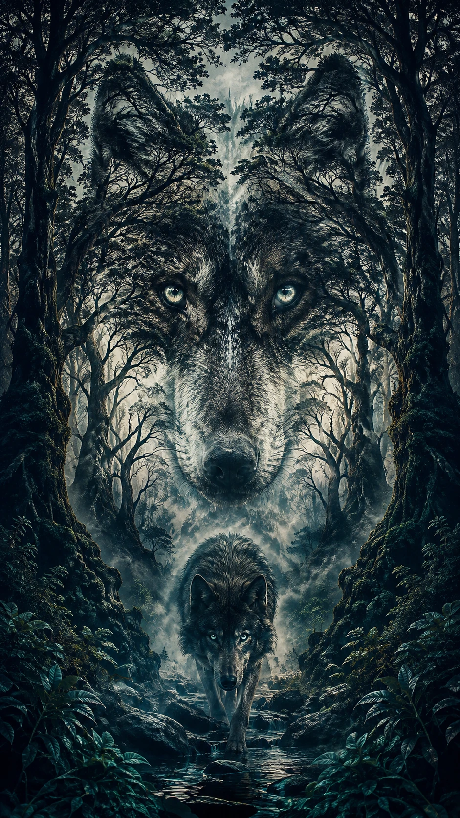 Ancient Forest Forming The Subtle Face Of A Wolf