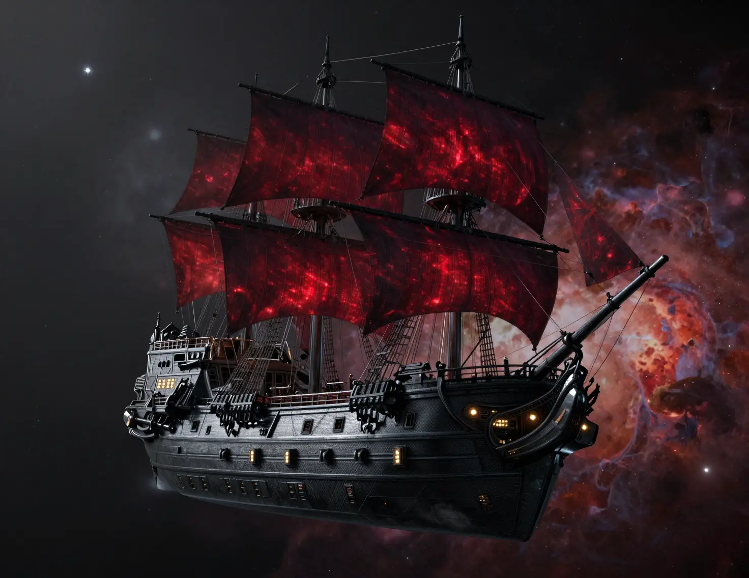 Dark spacecraft galleon drifting before a exploding nebula