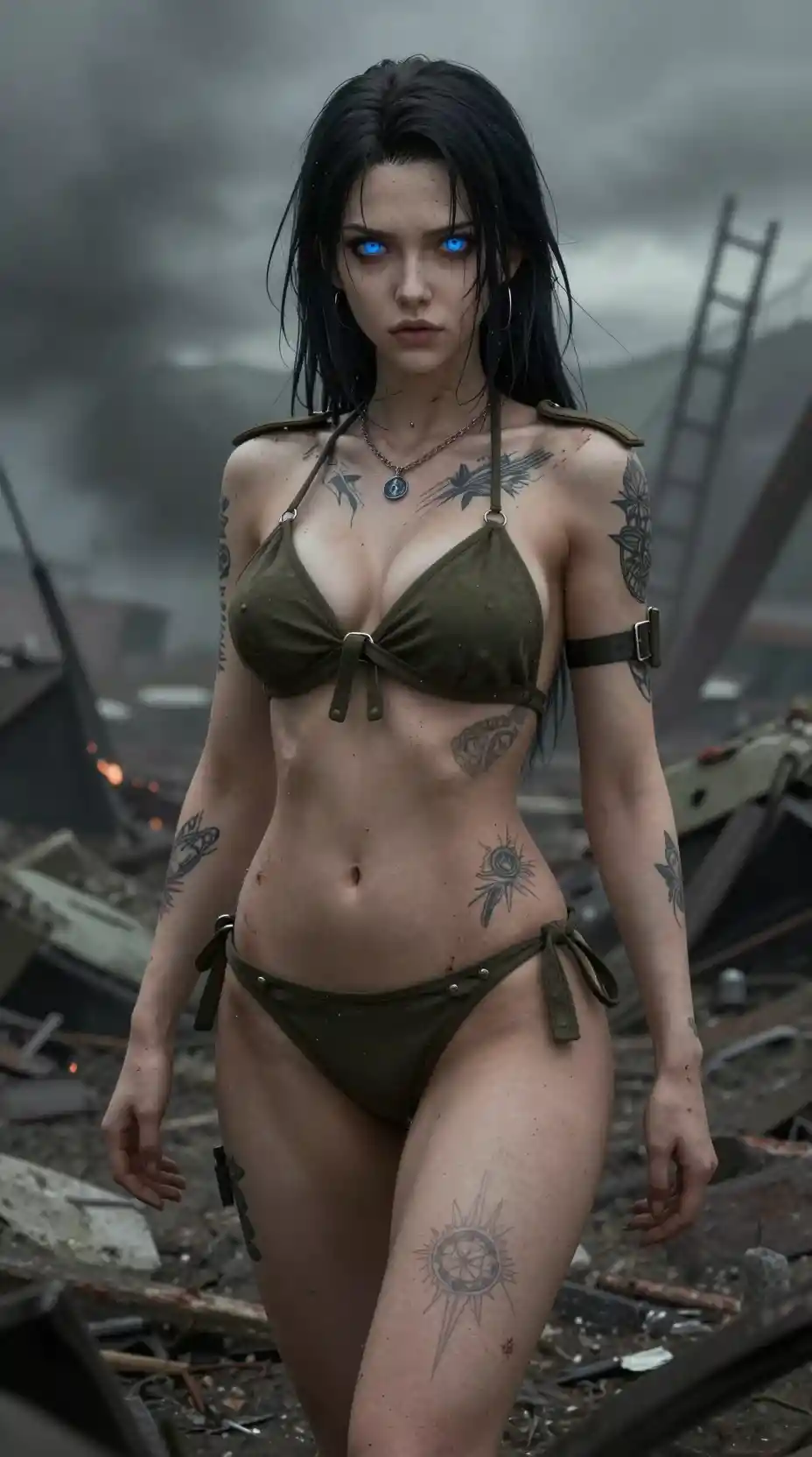 Guerrera de anime con armadura de bikini en un campo de batalla devastado