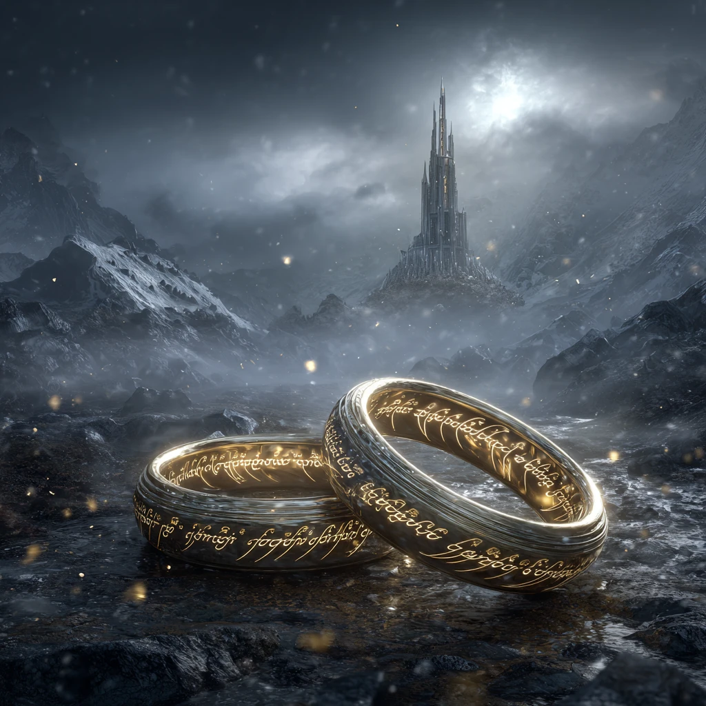 Antike goldene Ringe, die in einem dunklen Fantasy-Tal leuchten