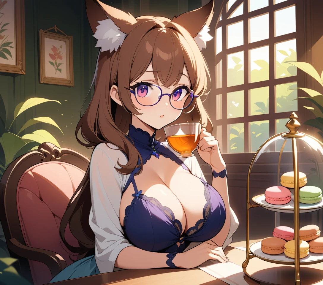 Anime fox eared woman sipping tea in vintage tearoom