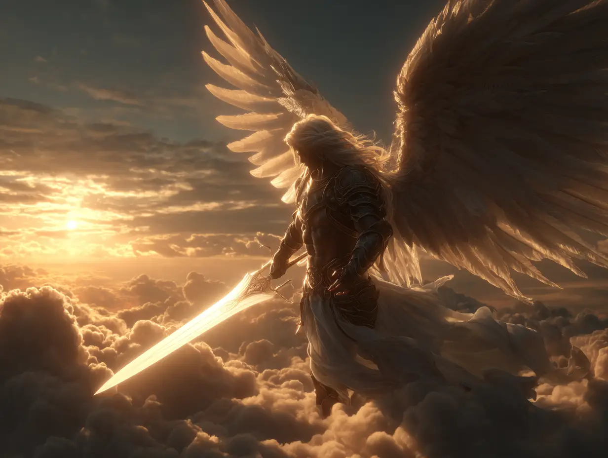 Majestic male angel with glowing sword in sunset clouds