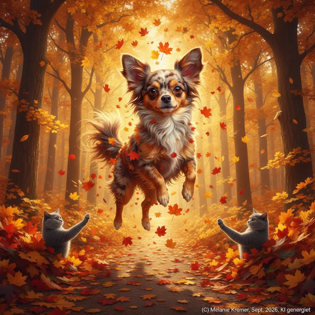 Surreal autumn forest with playful cats and leaf chihuahua