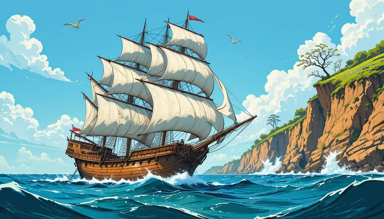Historic sailing galleon on turquoise sea near rocky coast